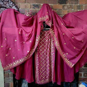 Burgundy 2 panel skirt with matching veil